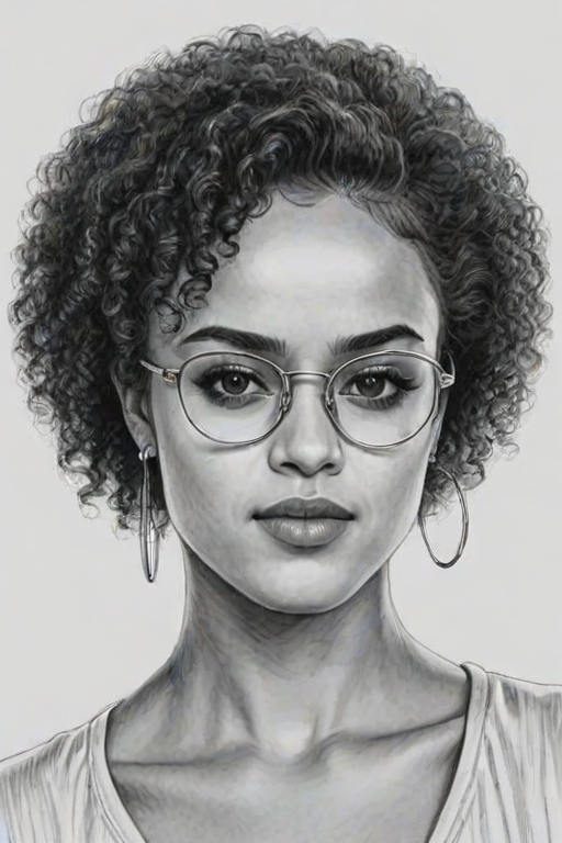 Radiant Nathalie Emmanuel, pencil sketch, portrait of Gorgeous woman 1980s in glasses, hair style beatnik, outline, clear lines, fine lines, 8k