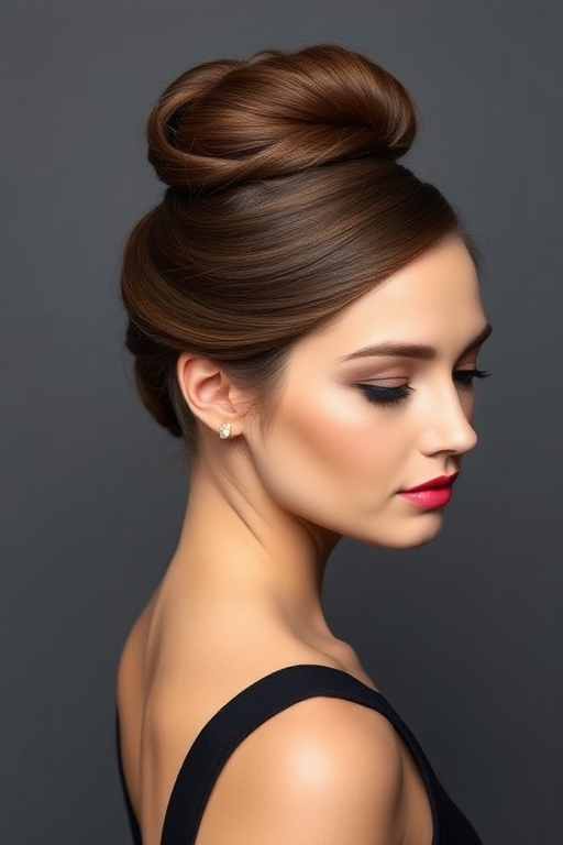 Elegant hair style exhibiting a smooth high ballet bun with a deep side part in a rich espresso brown shade