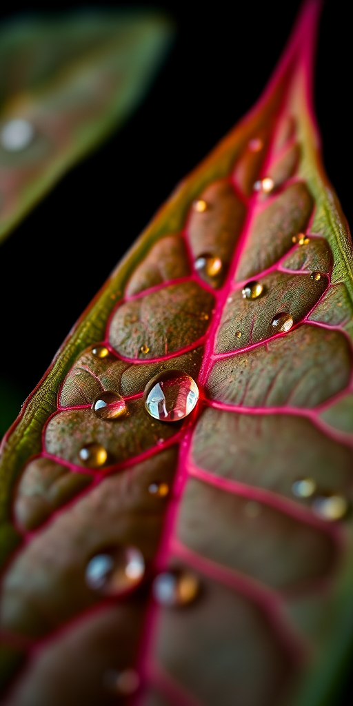 macro close-up of a vibrant begonia leaf with dew drops against a dark background, f/2.8 aperture, 1/200 sec shutter speed, ISO 100, shot with a DSLR camera from a low angle to enhance details and depth of field.