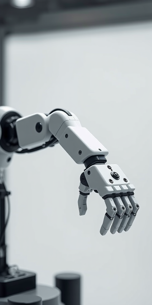 Create a high-resolution image of a robotic arm in a minimalist design, with a soft focus background, using a DSLR camera with a 50mm lens, aperture set to f/2.8, ISO 100, and a shutter speed of 1/125s, captured from a slightly elevated angle to highlight the mechanical details and contours.