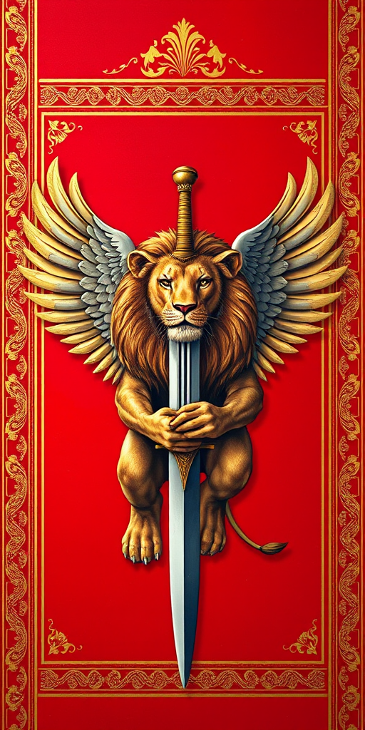 Create an enhanced image of a lion with wings holding a sword on a vibrant red background, featuring ornate gold borders and patterned stripes; camera settings: aperture f/8, ISO 100, shutter speed 1/125s; camera view: straight-on; camera style: high detail; camera type: DSLR.