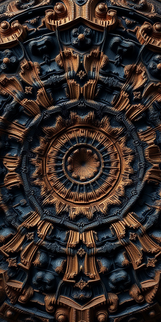 Create a symmetrical spiral pattern with deep earthy tones of brown and black, featuring textured layers and intricate details, captured with a Canon EOS R5, 50mm lens, f/1.8 aperture, ISO 100, and a slightly elevated perspective to enhance depth.