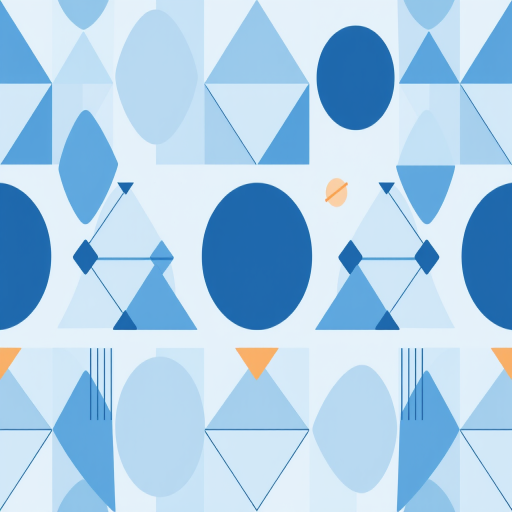 Create a seamless pattern of abstract geometric shapes in various shades of blue, featuring triangles, circles, and lines with a smooth gradient background, captured with a Canon EOS R5 at f/8, ISO 100, and a 50mm lens, in high-resolution to enhance clarity and detail.