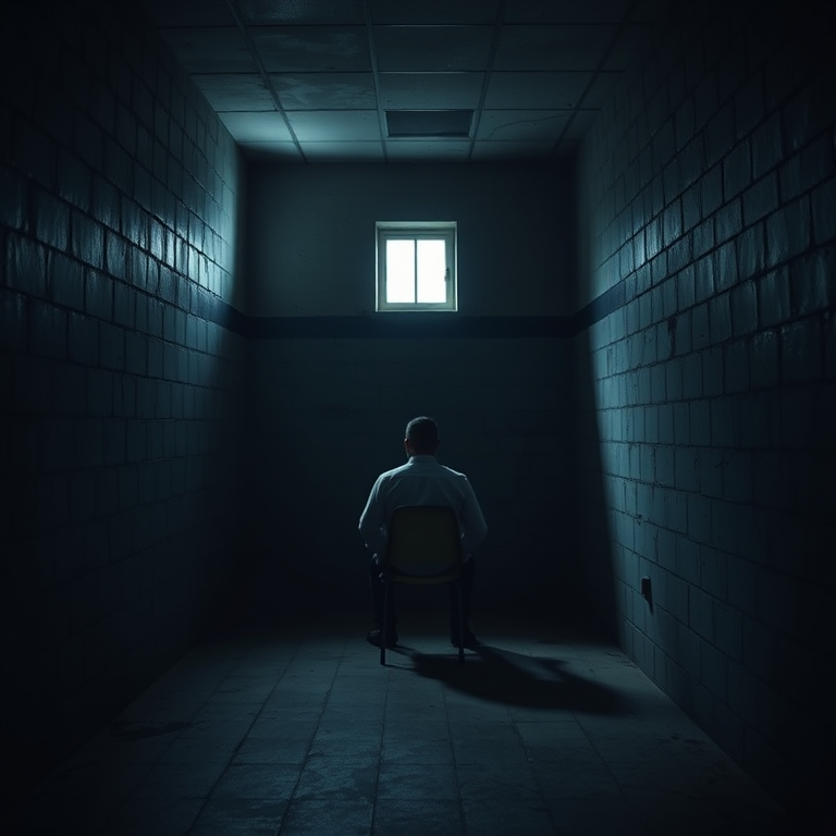A solitary figure sits on a chair in a dimly lit prison cell with gray walls, one small window, and visible shadows, captured with a full-frame camera at f/2.8, ISO 400, 24mm lens, in a cinematic style with soft lighting to enhance depth and atmosphere.