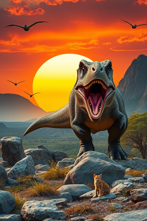Create an image of a dinosaur roaring on a rocky landscape under a dual sunset, with a small wildcat nearby and flying pterosaurs in the background, using a full-frame camera with a 24mm lens, aperture f/8, ISO 100, and a soft-focus effect for artistic enhancement.