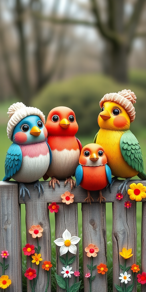 create a scene of 4 quirky  whimsical colourful comical birds each with a funny expression. they are sat on a wooden fence with colourful flowers. they are all different sizes. each one is a different colour  one is wearing a woolly hat. Each one has a different quirky google expression and there is a muted background of trees watercolour paintierly style high definition 8k resolution 3D paper mache