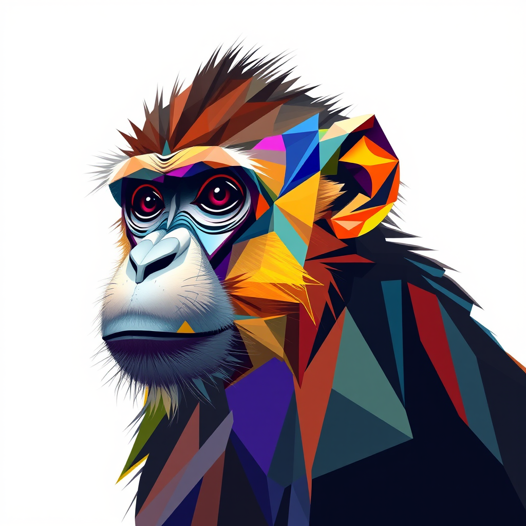 create an abstract illustration of a monkey using vibrant geometric shapes and colors with a clean white background, shot with a Canon EOS 5D Mark IV, 50mm lens, f/8 aperture, ISO 100, and a soft lighting style for enhanced detail and clarity
