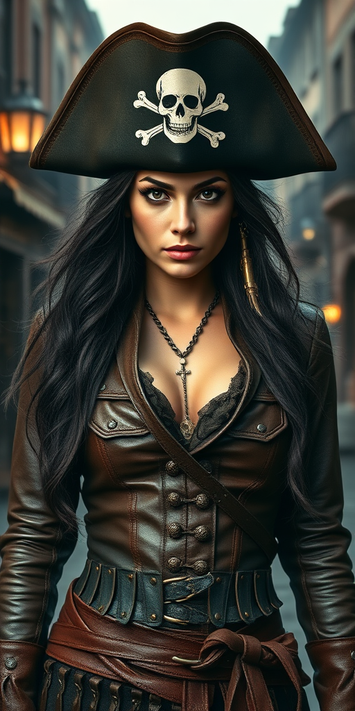 Create a portrait of a fierce female pirate. She wears a leather tricorn hat adorned with a skull and crossbones emblem, and her long, dark hair flows around her face. Her outfit consists of a richly detailed leather jacket, a corset, and multiple layers of belts and accessories, giving her a formidable and stylish appearance. She stands confidently in a dimly lit, historic port town, with a backdrop of weathered buildings and cobblestone streets, capturing the adventurous spirit of a pirate.
