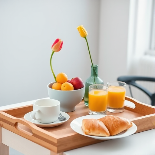 Create a high-resolution image of a wooden breakfast tray set on a surface, featuring a vase with a tulip, a bowl of fruit, a glass of orange juice, and a plate of pastries, captured with a DSLR camera, 50mm lens, f/1.8 aperture, ISO 100, natural lighting, shallow depth of field for a soft background blur.