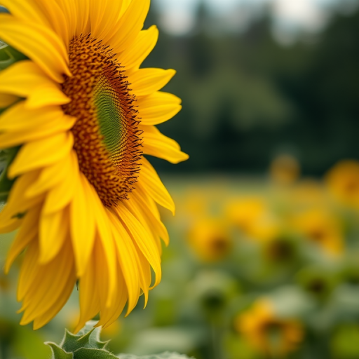 Close-up of a sunflower in a field with a blurred background, 85mm lens, f/1.8 aperture, ISO 100, shallow depth of field, natural light, DSLR camera.