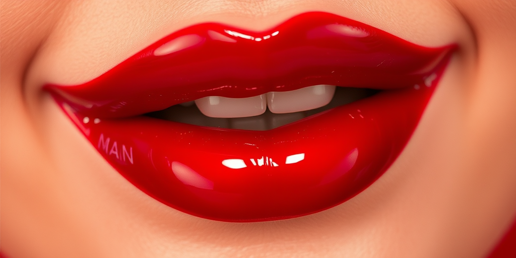 Glossy cherry red lips with a vinyl finish, dubbed "Scarlet Siren," boasting intense pigmentation and a mirror-like shine for classic glamour