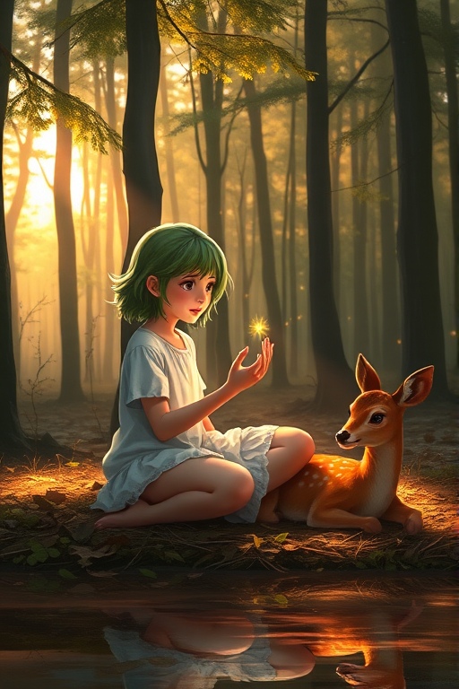 A luminous digital painting of a serene forest scene featuring a barefoot young female, about 7 years old, with green hair and fair skin, dressed in a simple white outfit. He sits cross-legged on the forest floor, gazing at a small, glowing, magical firefly in his hand. Beside him, a delicate spotted deer lies calmly on a bed of dried leaves, observing the scene. The dense forest is bathed in warm, golden light filtering through the trees, creating a peaceful, magical atmosphere with a blend of natural and mystical elements.