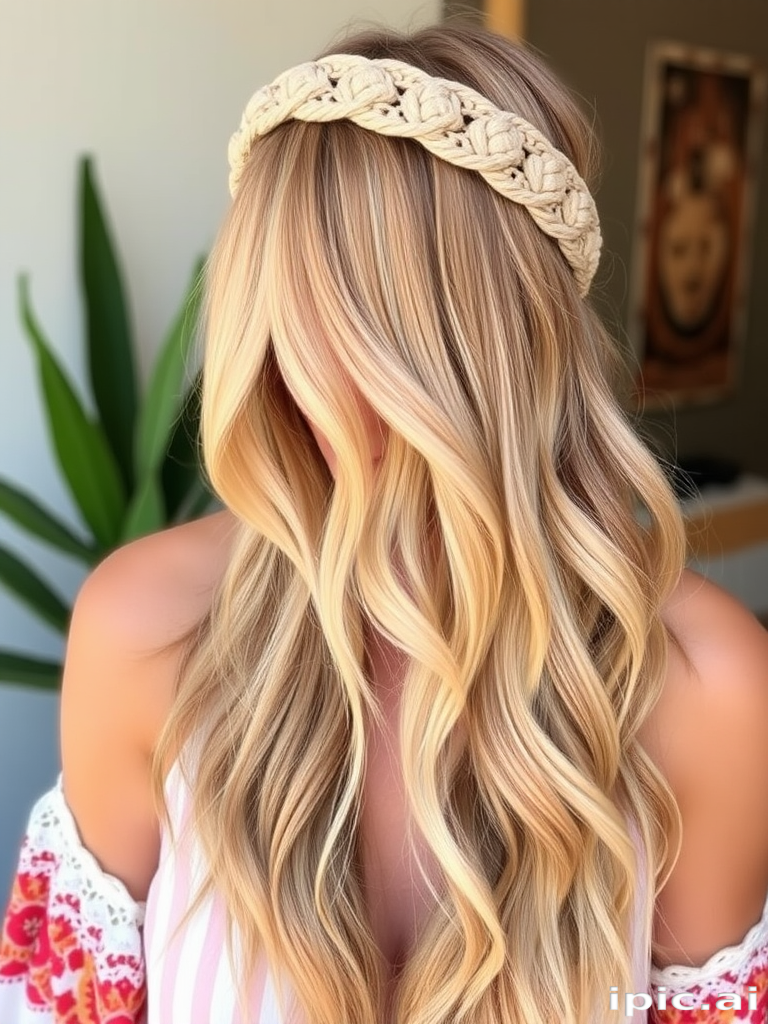 Bohemian-inspired long layers in warm honey blonde, styled with loose beachy waves and adorned with a macramé headband, perfect for free-spirited souls