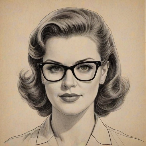 Pleasing Sara Rue, pencil sketch, portrait of Sublime woman 1953s in glasses, hair style beatnik, outline, clear lines, fine lines, 8k