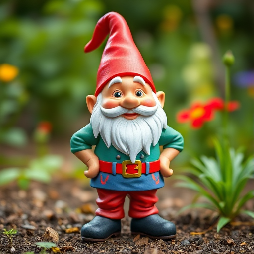 Create a cartoonish garden gnome character standing with hands on hips, colorful outfit, vibrant red hat, with a blurred garden background, shot with a 50mm lens at f/2.8, ISO 200, 1/100s, in high-resolution digital format.