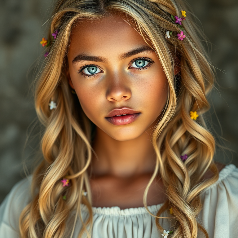 Create an image of a young Garifuna woman with long, wavy blonde hair, adorned with small, colorful flowers woven into her braids and loose strands. Her complexion is fair, with soft, glowing skin, and she has light blue eyes that gaze softly at the viewer. She wears a light, flowing dress with a gentle, ethereal quality, complementing her delicate and serene appearance. The background is slightly blurred, drawing focus to her tranquil expression and the intricate details of the flowers in her hair. The overall mood of the image is one of natural beauty and grace, evoking a sense of peacefulness and connection with nature.