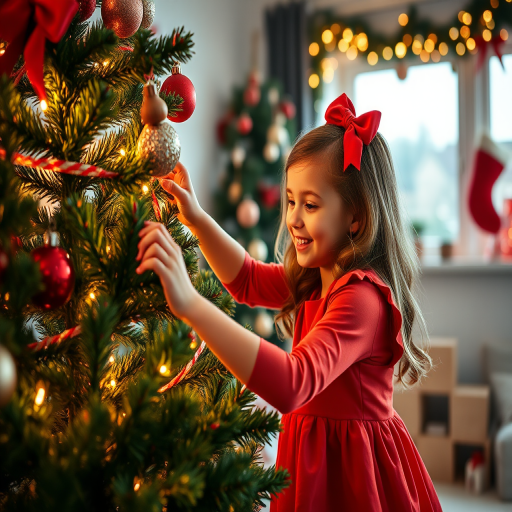 Regenerate a cheerful holiday scene featuring a young girl in a red dress decorating a Christmas tree, captured with a Canon EOS R5, 50mm lens, f/1.8 aperture, soft natural lighting, bright color palette, and a cozy indoor setting with festive decor.
