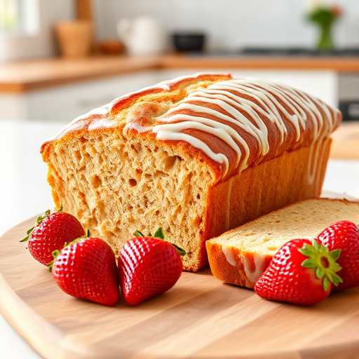 A freshly baked loaf of bread with a glossy icing drizzle sitting on a wooden cutting board accompanied by ripe red strawberries. The loaf is partially sliced to reveal its soft interior, with a bright and inviting kitchen background.
