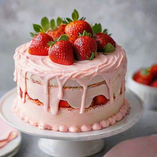 Create an image of a layered cake with a light pink frosting, decorated with fresh strawberries on top. The cake should have visible layers and a slice cut out, showcasing the fluffy texture and strawberry filling between the layers. The setting should be simple and elegant, with a white plate and a clean background.