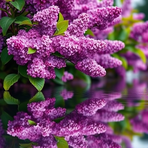 Generate a vibrant image of a lilac bush in full bloom with lush purple flowers, reflecting in a serene water surface, captured with a DSLR camera at f/8 aperture, 1/250 shutter speed, ISO 100, shot from a low angle perspective to enhance depth and detail, utilizing natural soft light for improved color accuracy.