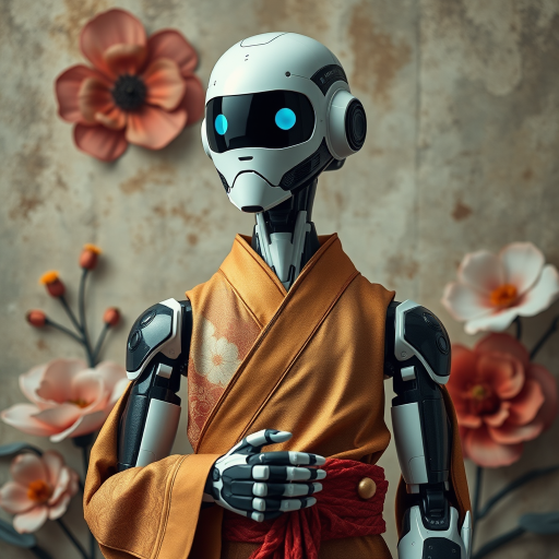 Create an image of a futuristic robot dressed in traditional clothing, set against a textured background with abstract floral elements, using a DSLR camera, 50mm lens, f/1.8 aperture, ISO 100, and a soft focus effect.