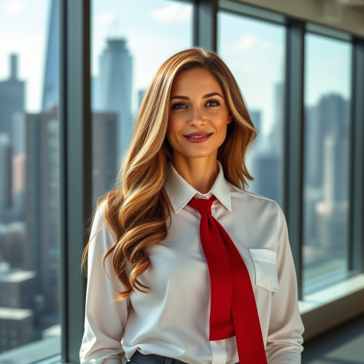 A professional portrait of a woman with long, wavy hair wearing a white button-up shirt and a red tie, standing confidently in an office with city skyscrapers in the background, captured with a Canon EOS 5D Mark IV, 50mm lens, f/1.8 aperture, 1/200 sec shutter speed, and natural lighting for a vibrant and crisp image quality.