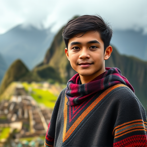 Capture a portrait of a young man wearing a traditional poncho against the stunning backdrop of Machu Picchu, using a Canon EOS R5, 50mm f/1.8 lens, ISO 100, aperture f/2.8, and a shallow depth of field for a softly blurred background, with natural soft lighting.