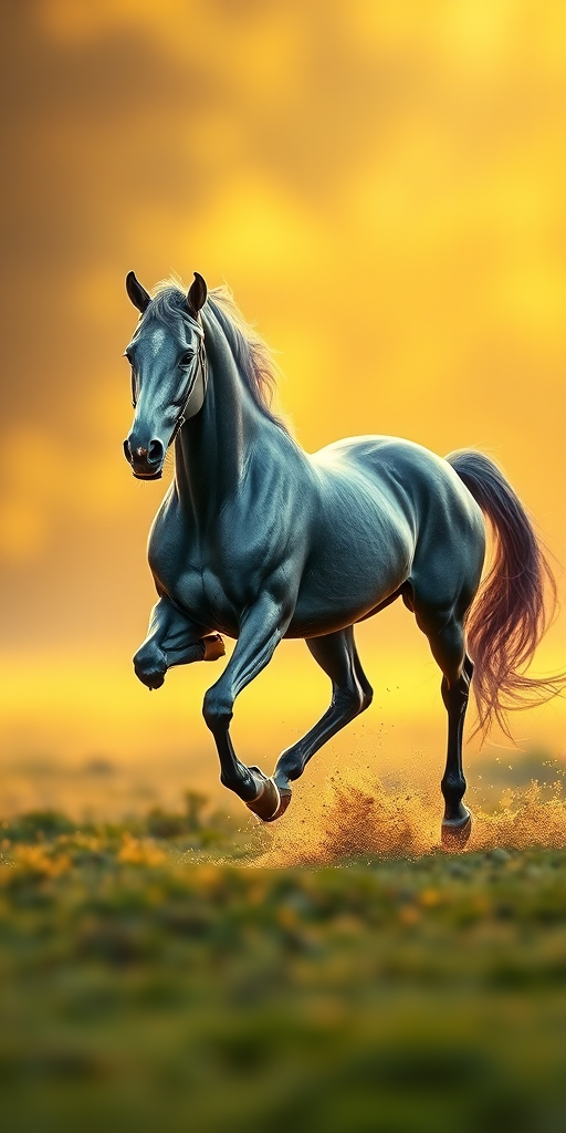 Create a highly detailed illustration of a muscular horse in motion, showcasing its anatomy, with a soft golden background, using a Canon EOS R5 camera, 50mm lens at f/1.8, ISO 100, natural lighting, and a slight tilt-shift effect for depth.