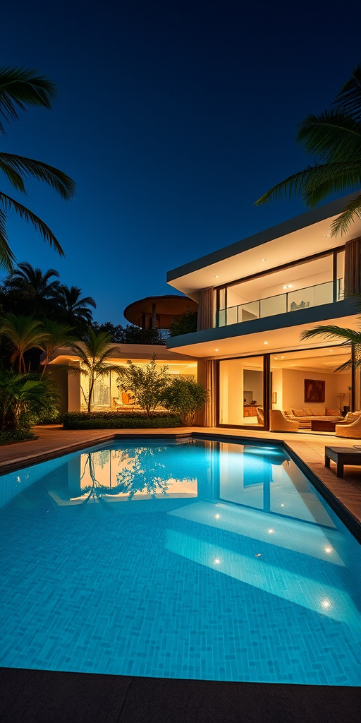 Create a stunning night-time exterior view of a modern luxury villa with a pool, soft ambient lighting, lush tropical landscaping, and a clear sky, captured with a Canon EOS R5 at f/2.8, ISO 200, shutter speed 1/60 sec, using a wide-angle lens to showcase the grandeur and serene atmosphere.
