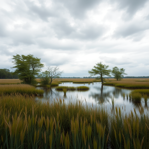 Create a serene landscape depicting a calm wetland with tall grasses and a reflective body of water, featuring a mix of trees partially submerged, under an overcast sky with dramatic clouds, shot with a DSLR camera at ISO 100, f/8 aperture, 1/250 second shutter speed, wide-angle lens at 24mm, in a soft, muted color palette.