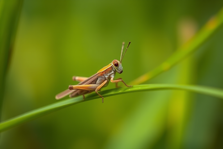 macro photography of a grasshopper perched on a green blade of grass with a blurred background, f-stop 2.8, ISO 100, shutter speed 1/200, 50mm lens, soft focus effect, natural light