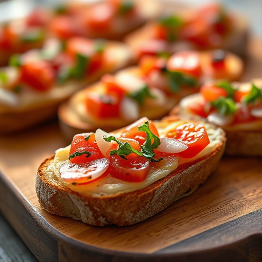 Close-up shot of gourmet bruschetta on a wooden board, shallow depth of field, natural light, f/2.8, 50mm lens, ISO 200, capture with a DSLR camera in macro style for enhanced detail and color vibrancy.