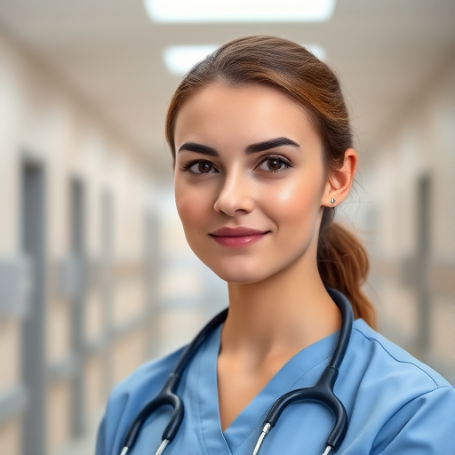 portrait of a young female nurse in scrubs with a stethoscope, bright hospital background, focus on her face with a shallow depth of field, taken with a Canon EOS R5, 85mm f/1.2 lens, ISO 100, aperture f/2.0, natural lighting
