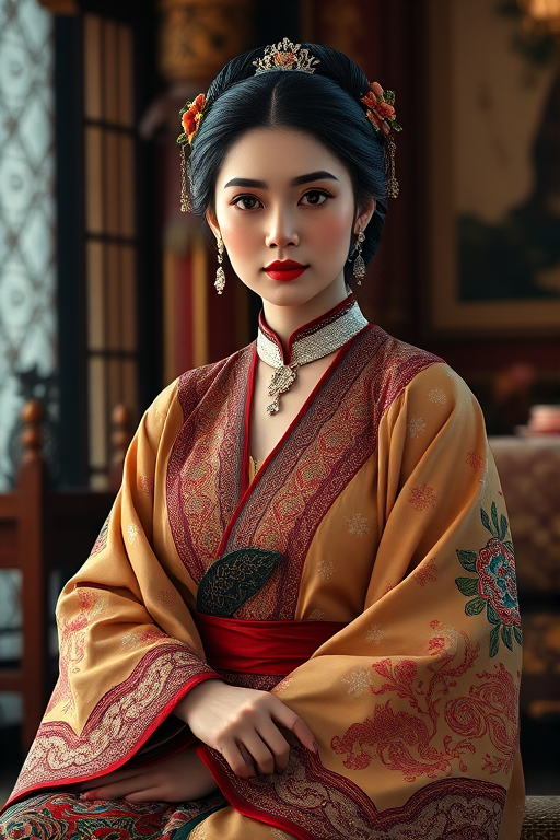 A beautiful Circassian woman in traditional East Asian attire, intricately detailed with embroidered patterns, sitting gracefully in a richly decorated room, soft ambient lighting, serene and elegant, ultra-realistic, 8K resolution