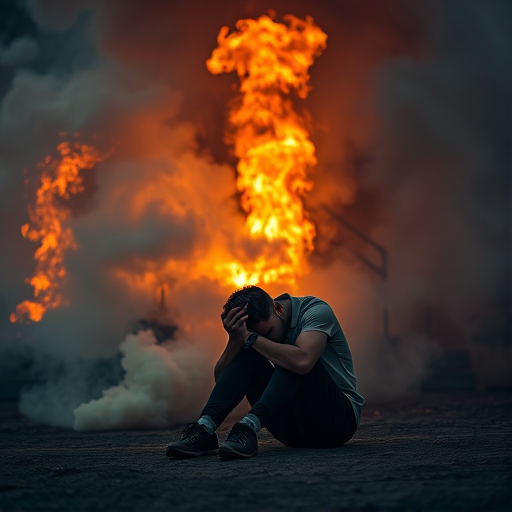A dramatic scene of a person sitting on the ground with their head in their hands, surrounded by billowing smoke and flames in the background, captured with a Canon EOS R5, 35mm lens, f/1.8 aperture, ISO 400, 1/250 sec exposure, with a shallow depth of field for a blurred background effect and enhanced color contrast in a cinematic style.