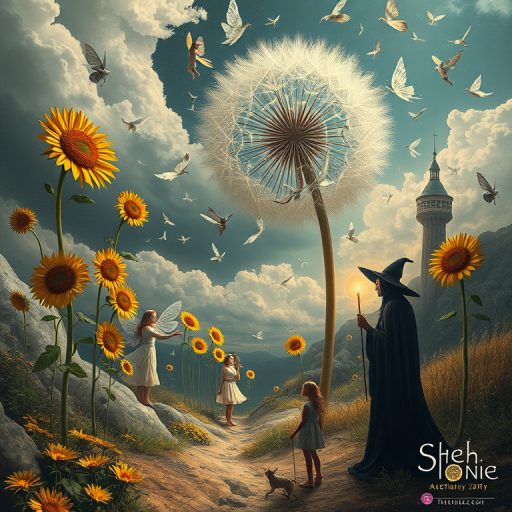 A surreal allegory featuring ethereal fairies, towering sunflowers, and an enigmatic witch, all set within a dreamlike landscape. The scene is dominated by a colossal dandelion, its delicate seeds floating through the air, reminiscent of Yves Tanguy's abstract forms. The environment is a blend of otherworldly elements and natural beauty, with twisted, elongated shapes and surreal colors that evoke a sense of mystery and enchantment.