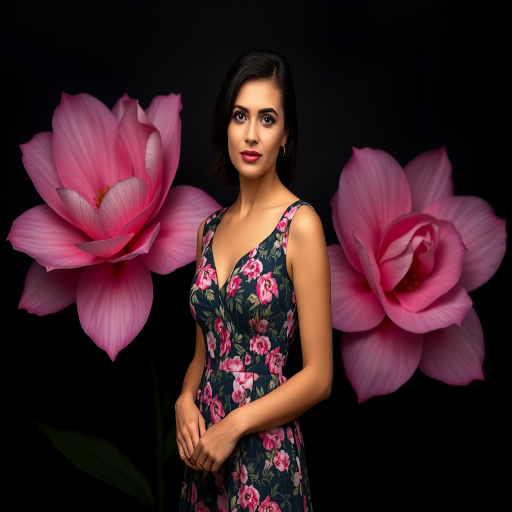 portrait of a woman in a floral dress standing against a dark background with large pink flowers, soft lighting for a glamorous effect, focal length 85mm, aperture f/1.8, ISO 100, shot with a DSLR camera in a studio setting, shallow depth of field to enhance subject clarity