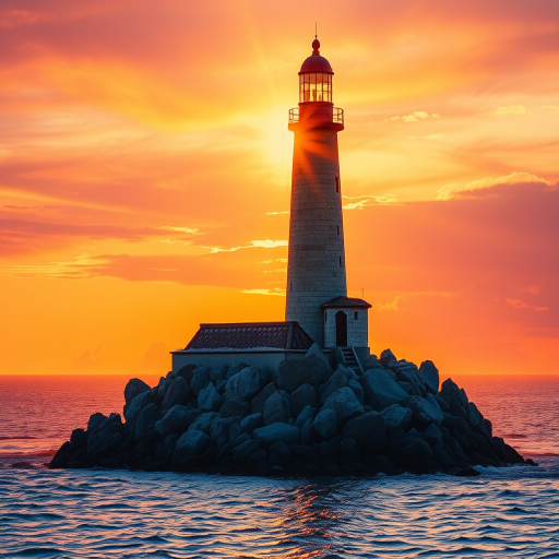 Generate an image of a tall lighthouse perched on a rocky outcrop surrounded by calm ocean waters during a breathtaking sunset. The lighthouse stands sturdy and weathered, its stone surface illuminated by the warm golden light of the setting sun. The sun's rays pass directly through the glass lantern room at the top of the lighthouse, casting a brilliant light across the scene. The sky is painted with vibrant shades of orange, pink, and purple, reflecting off the tranquil sea. The surrounding water shimmers with the same warm hues, creating a serene and majestic atmosphere.
