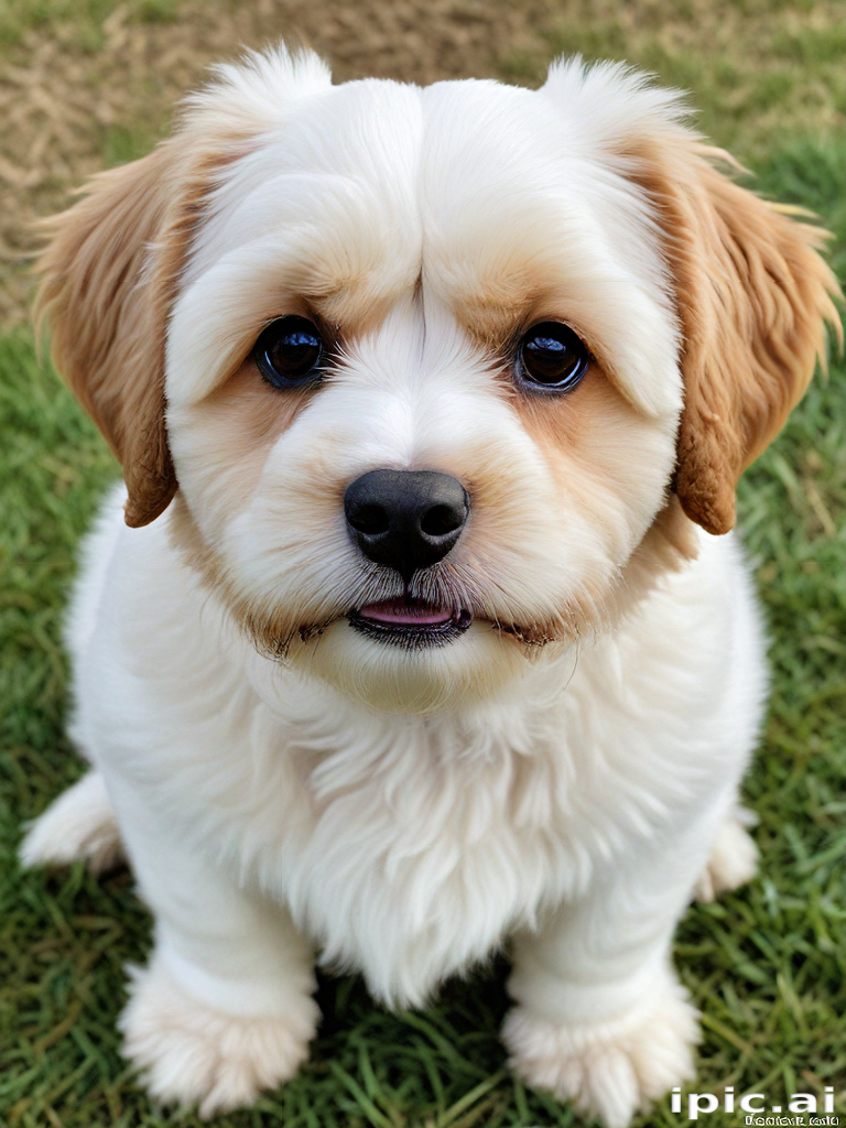 Adorable Fluffy Puppy with Big Eyes Sitting on Green Grass Outdoors.