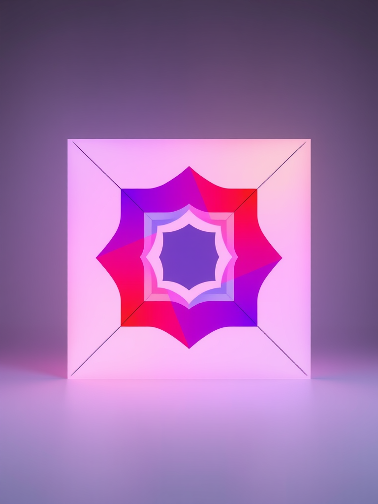 Generate a high-resolution image of an abstract geometric design with sharp lines and vibrant colors, using a Canon EOS R with an aperture of f/2.8, ISO 100, shutter speed 1/125 sec, in a studio setting with a frontal view and soft diffused lighting.