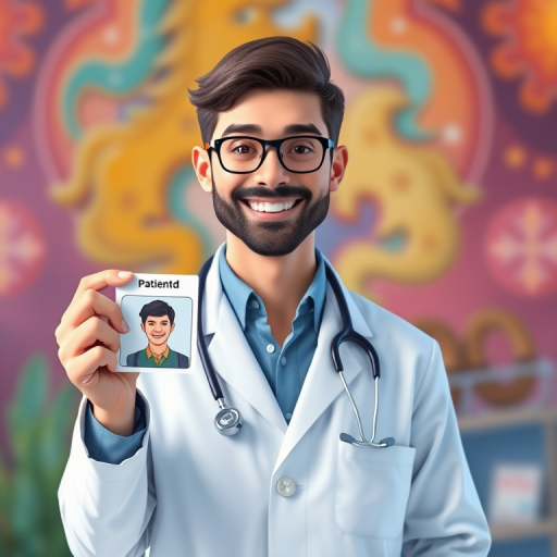 Create a digital illustration of a smiling doctor in a white coat, holding a patient ID card with a photo, set against a vibrant background, using a high-resolution 4K camera with a shallow depth of field, 50mm lens, ISO 100, f/1.8 aperture, and soft natural lighting.