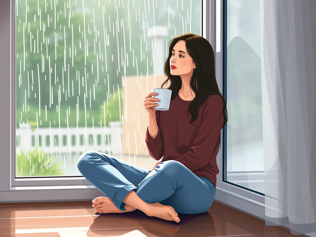 Create a digital illustration of a woman sitting cross-legged by a window, holding a cup of coffee, with rain pouring outside, using a DSLR camera, focal length 50mm, aperture f/2.8, soft natural lighting, and a high contrast style for enhanced clarity and detail.