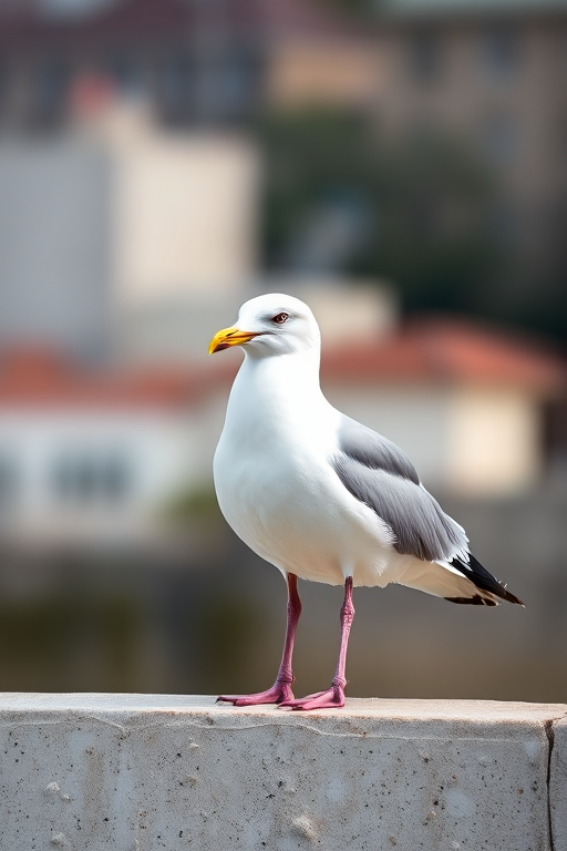 seagull standing on a wall against a blurred background, shot with a DSLR camera, aperture f/4, shutter speed 1/500s, ISO 200, 50mm lens, natural light, focus on the bird, shallow depth of field