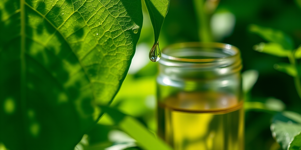 close-up of a green leaf with a drop of liquid falling into a glass bottle surrounded by lush greenery, shallow depth of field, aperture f/2.8, ISO 100, 50mm lens, natural sunlight, macro photography, DSLR camera