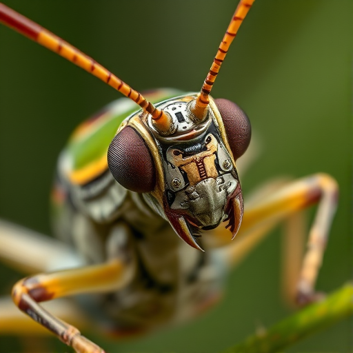Close-up shot of a hyper-realistic grasshopper with intricate mechanical details, sharp focus, ISO 100, f/8 aperture, 50mm lens, natural light, macro photography style.