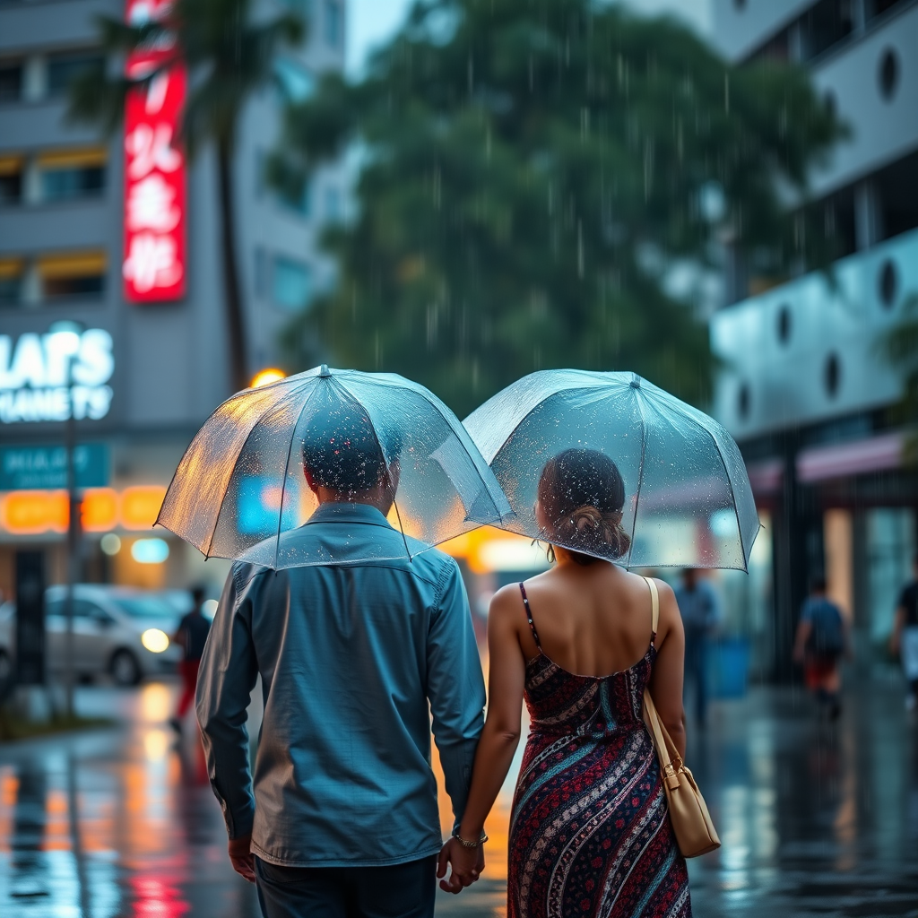 Generate a high-resolution image of a couple walking under transparent umbrellas in the rain at dusk, with vibrant colors and soft lighting, using a DSLR camera with a 50mm lens, aperture set to f/2.8, ISO 400, and a shallow depth of field to enhance background blur.