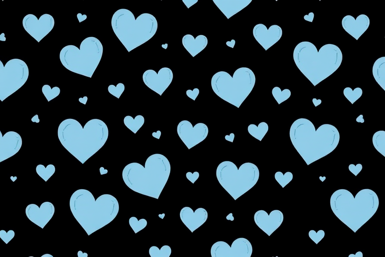 Regenerate a seamless pattern design featuring small light blue hearts and diamonds on a black background, captured with a Canon EOS R5, 50mm lens, f/2.8 aperture, ISO 100, 1/200s shutter speed, in macro photography style.
