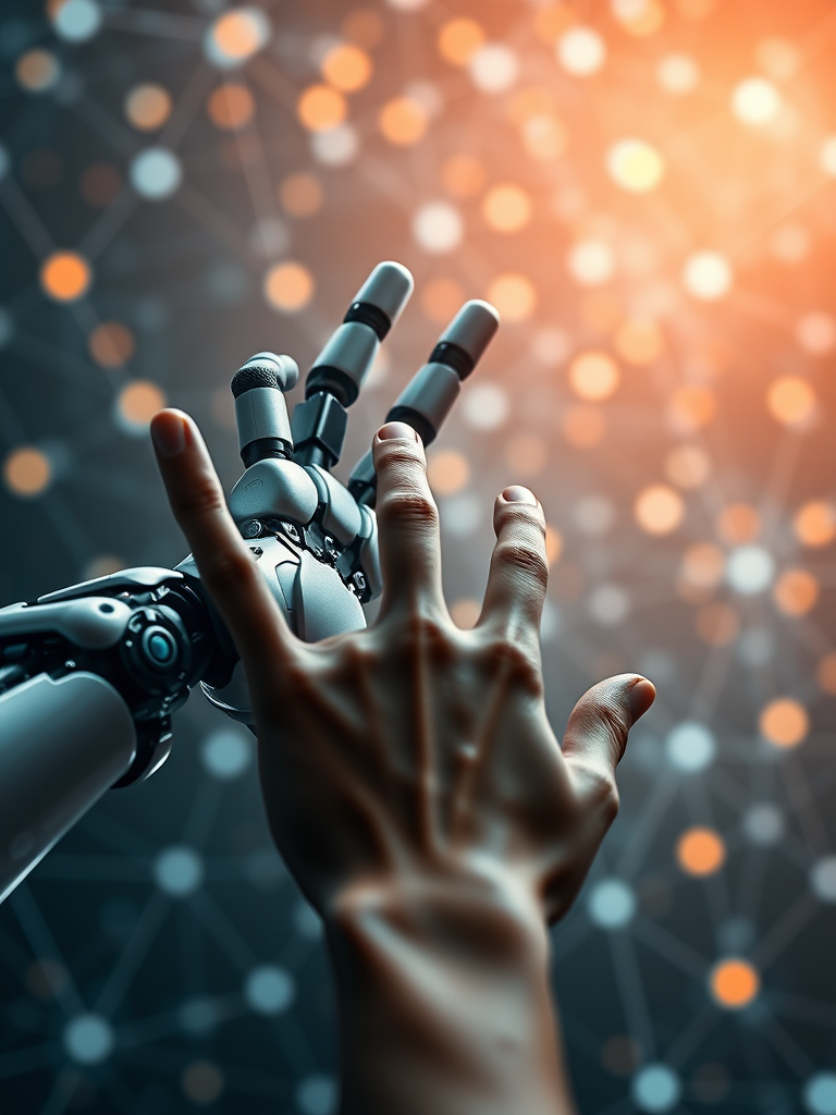 Create a high-resolution image of a robotic hand reaching towards a human hand, with a futuristic background of interconnected nodes and particles, using a Canon EOS R5, 85mm lens, aperture f/1.8, ISO 100, and a soft focus to enhance depth of field.