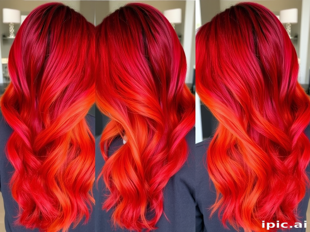 Fiery ombre locks transitioning from deep crimson roots to brilliant orange tips, reminiscent of a blazing sunset, dubbed "Phoenix Rising"
