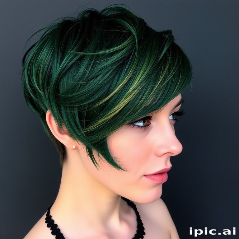 Deep emerald green pixie cut with long, side-swept bangs and metallic gold tips, creating a bold and enchanting forest nymph-inspired look named Sylvan Shimmer
